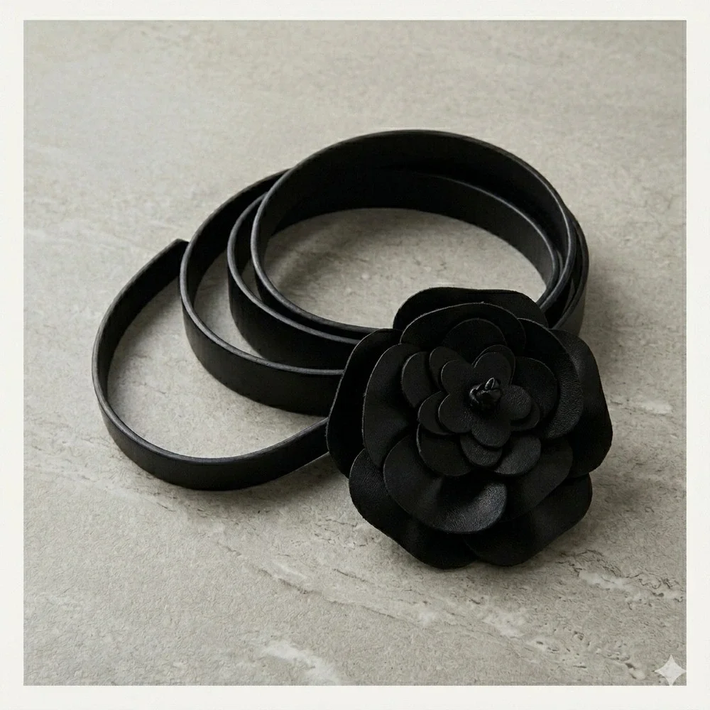 New York‎ & Company Blk Faux Leather Skinny Belt 3D Camellia Flower Rosette L/XL